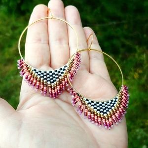 Raspberry Sunburst Seed Bead Fringe Hoops by Issabeau Jewelry